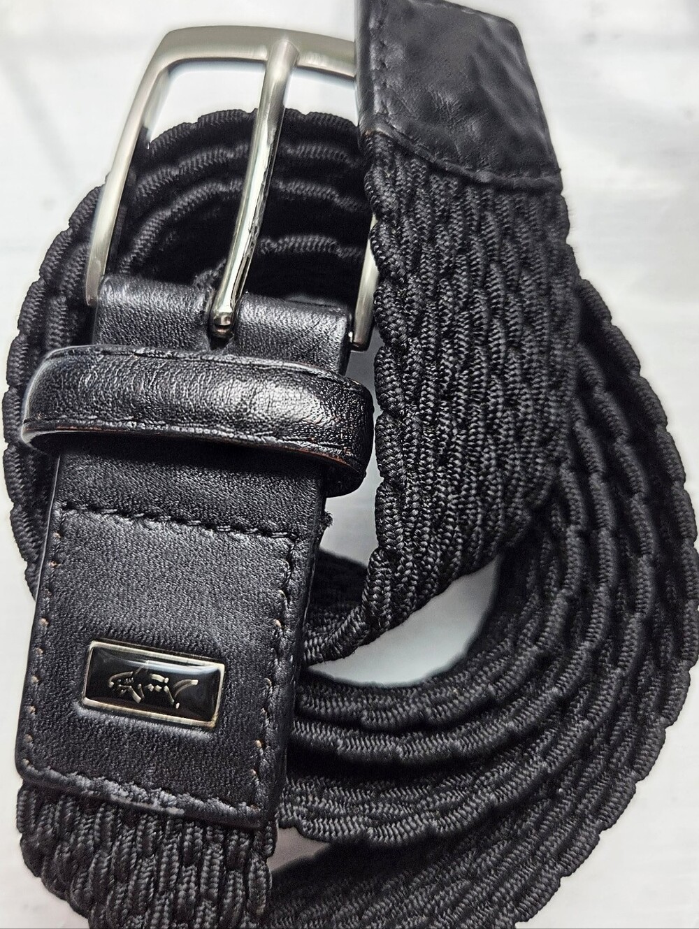 Greg Norman Mens Weave Stretch Belt Black Leather Tab Belt Sz 38-40 Golf Wear